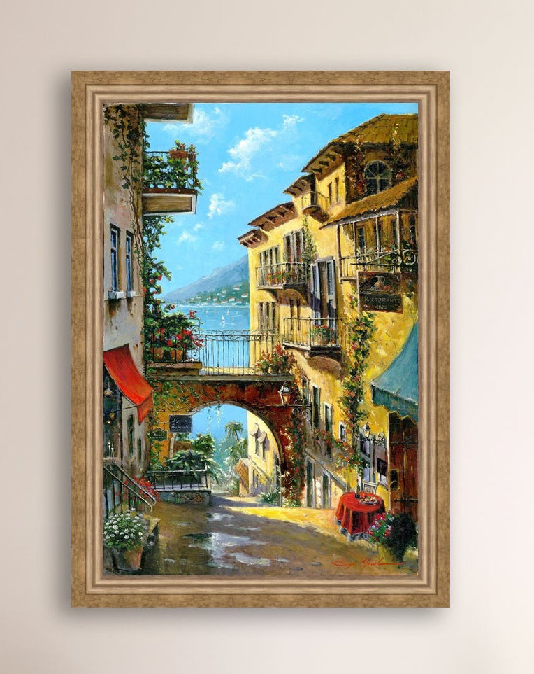 A vibrant canvas print depicting a narrow street with arches and balconies, Lake Como
