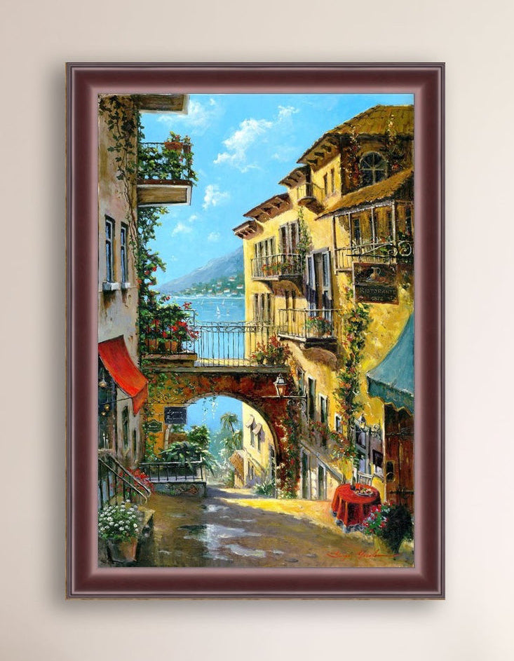 A vibrant canvas print depicting a narrow street with arches and balconies, Lake Como