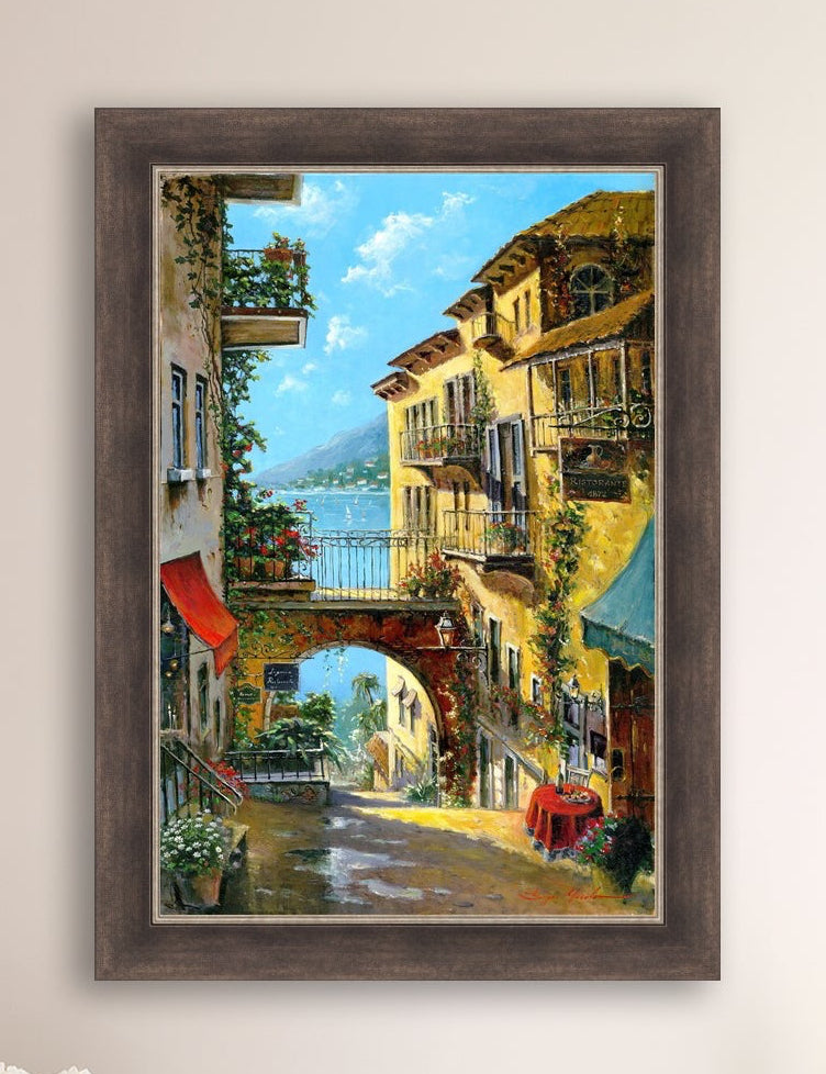 A vibrant canvas print depicting a narrow street with arches and balconies, Lake Como