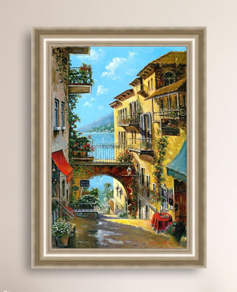 A vibrant canvas print depicting a narrow street with arches and balconies, Lake Como