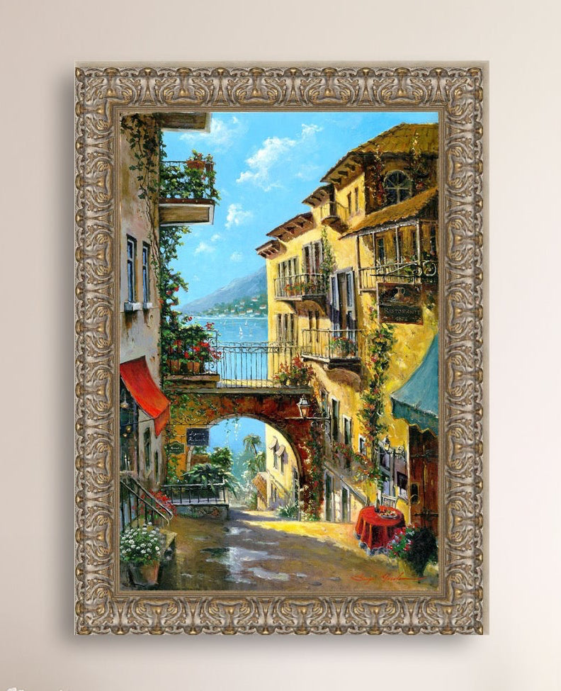 A vibrant canvas print depicting a narrow street with arches and balconies, Lake Como