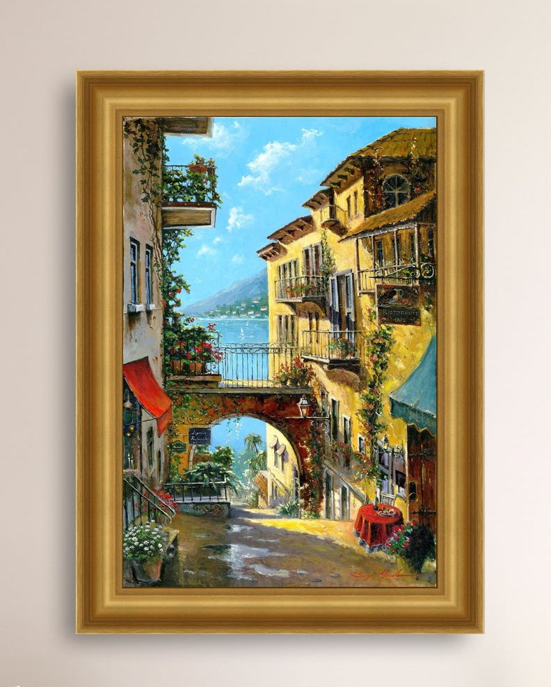 A vibrant canvas print depicting a narrow street with arches and balconies, Lake Como