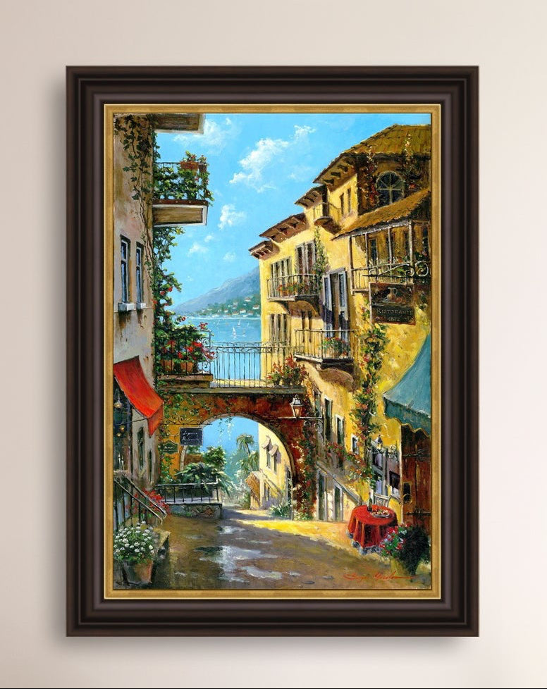 A vibrant canvas print depicting a narrow street with arches and balconies, Lake Como