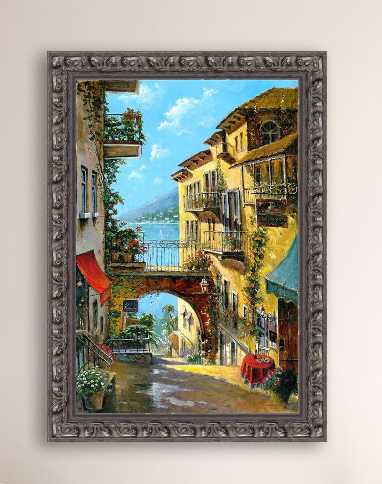 A vibrant canvas print depicting a narrow street with arches and balconies, Lake Como