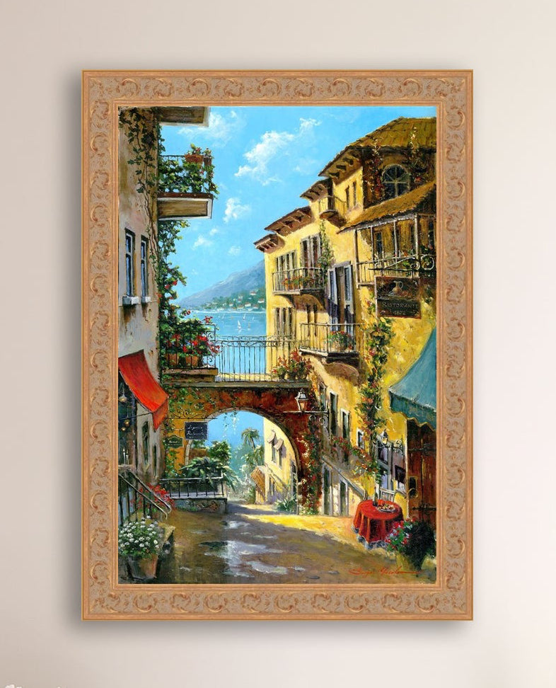 A vibrant canvas print depicting a narrow street with arches and balconies, Lake Como