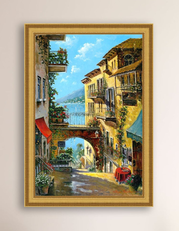 A vibrant canvas print depicting a narrow street with arches and balconies, Lake Como