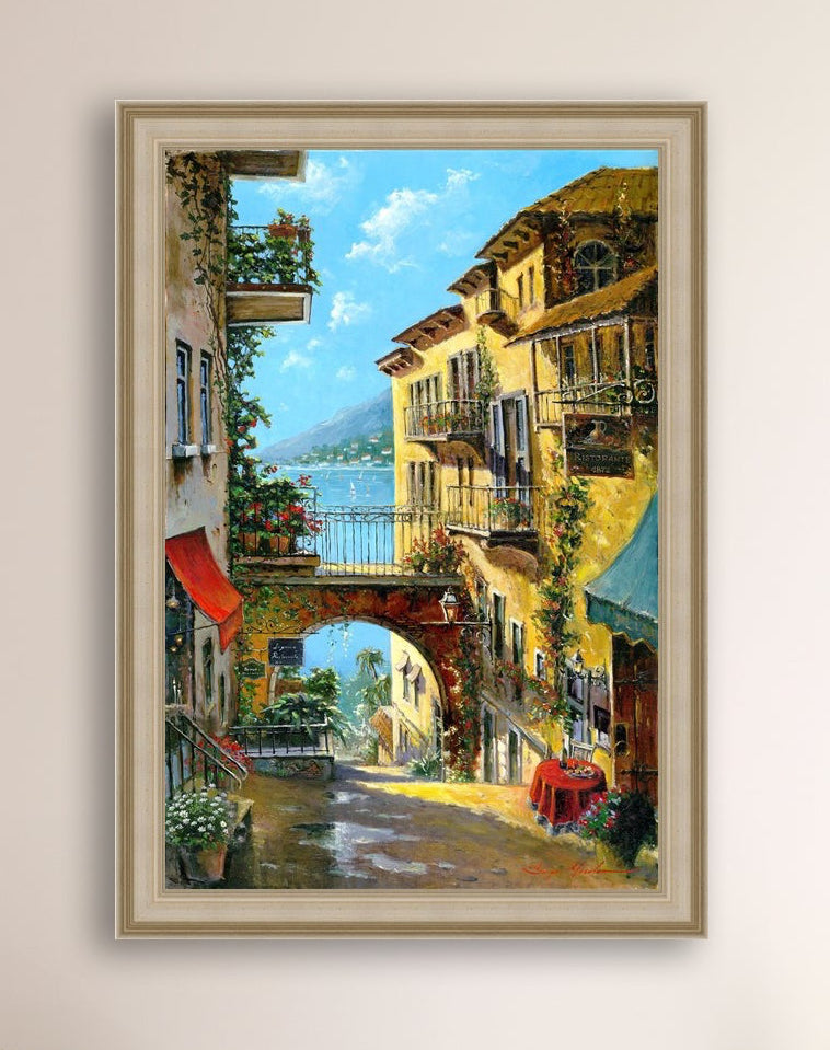 A vibrant canvas print depicting a narrow street with arches and balconies, Lake Como