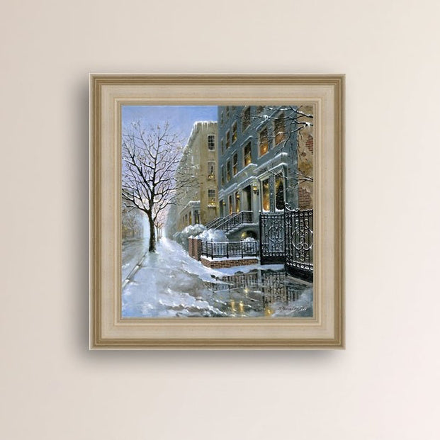 Framed Snowy 82nd street in New York with a brownstone  building entrance and Christmas Tree in the window.
