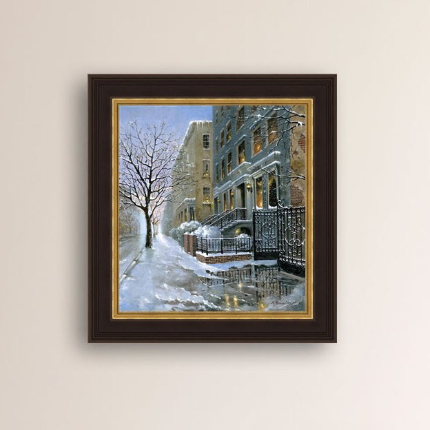 Snowy 82nd street in New York with a brownstone  building entrance and Christmas Tree in the window.