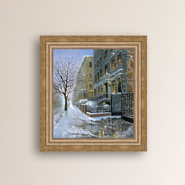 Snowy 82nd street in New York with a brownstone  building entrance and Christmas Tree in the window.
