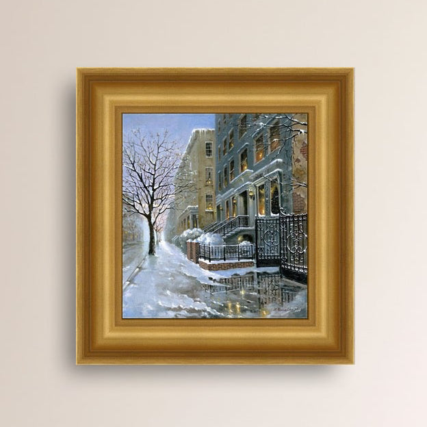 Framed Snowy 82nd street in New York with a brownstone  building entrance and Christmas Tree in the window.