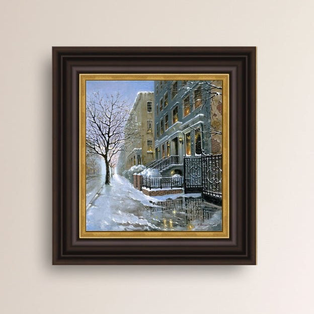 Snowy 82nd street in New York with a brownstone  building entrance and Christmas Tree in the window.