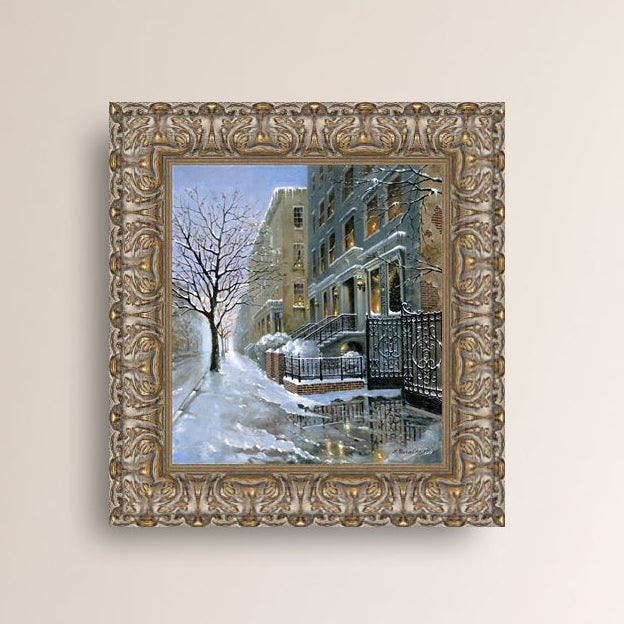 Framed Snowy 82nd street in New York with a brownstone  building entrance and Christmas Tree in the window.