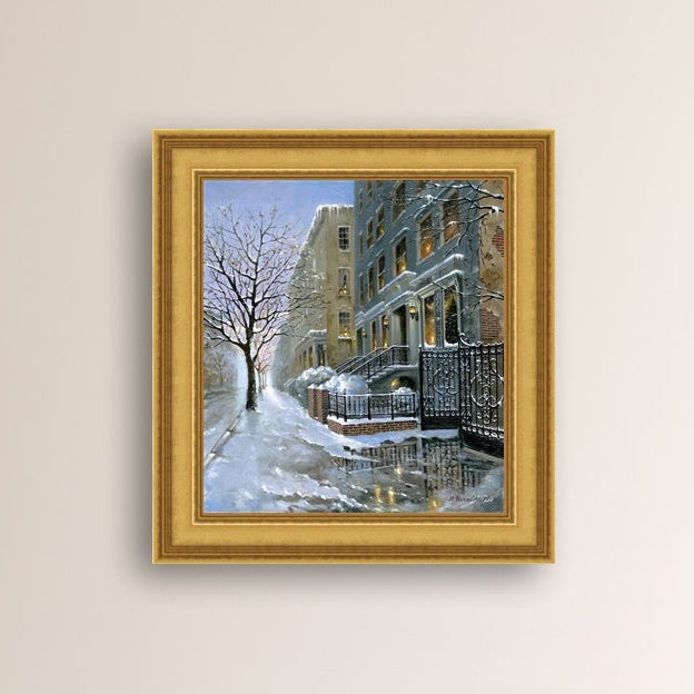 Framed Snowy 82nd street in New York with a brownstone  building entrance and Christmas Tree in the window.