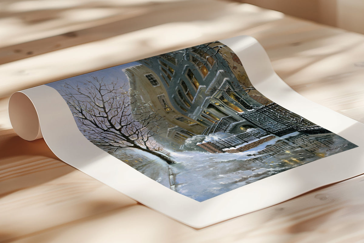 Rolled-up print of a snowy 82nd street in New York with a brownstone  building entrance and Christmas Tree in the window