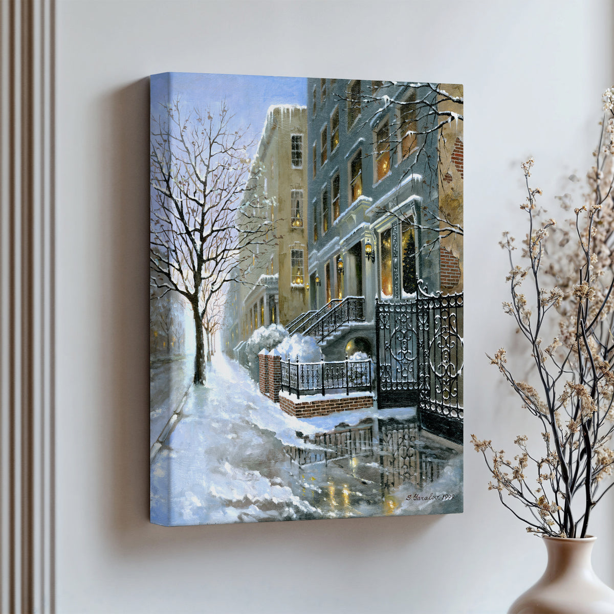 artwork of snowy 82nd street in New York with a brownstone  building entrance and Christmas Tree in the window.