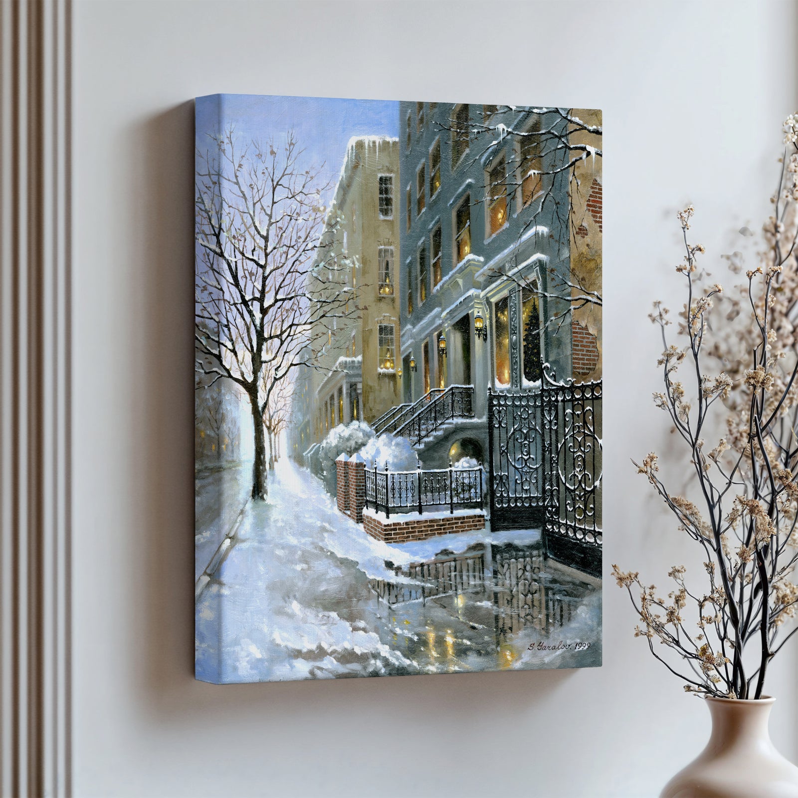 artwork of snowy 82nd street in New York with a brownstone  building entrance and Christmas Tree in the window.