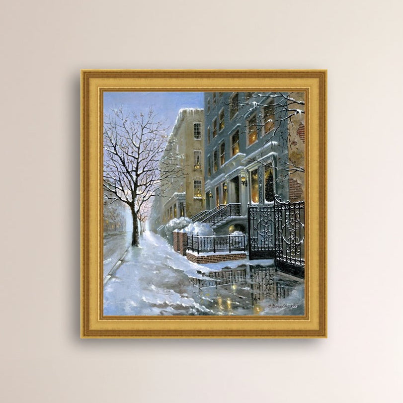 Framed artwork of snowy 82nd street in New York with a brownstone  building entrance and Christmas Tree in the window.