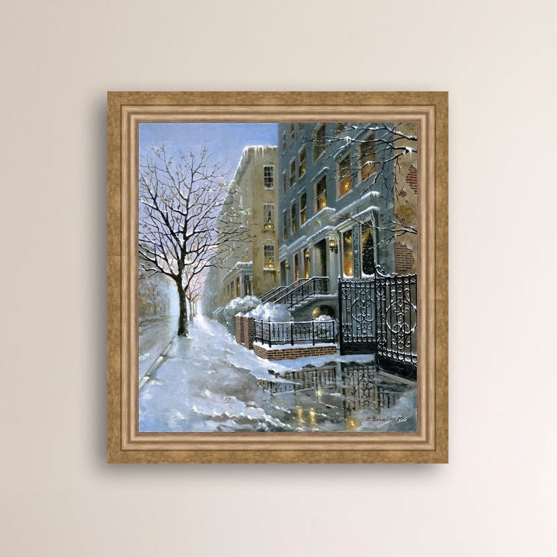 Framed artwork of snowy 82nd street in New York with a brownstone  building entrance and Christmas Tree in the window.