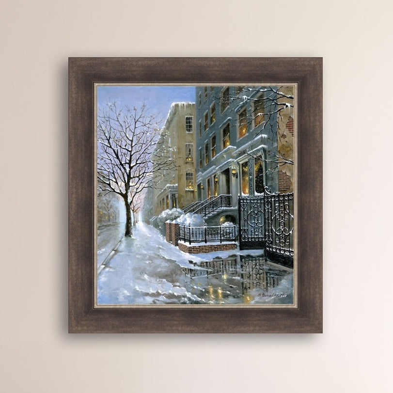 Framed artwork of snowy 82nd street in New York with a brownstone  building entrance and Christmas Tree in the window.