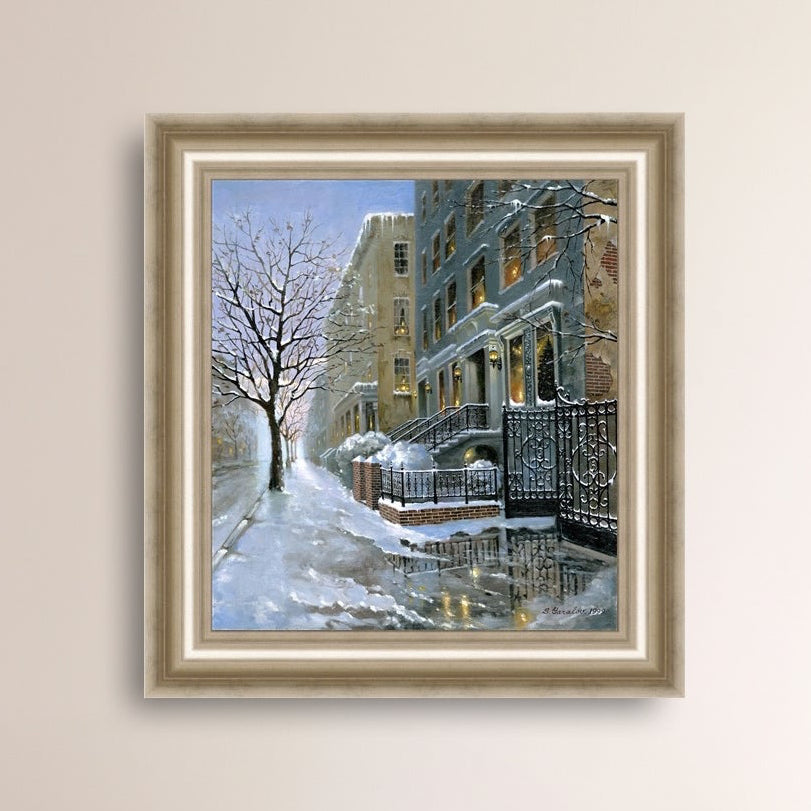 Framed artwork of snowy 82nd street in New York with a brownstone  building entrance and Christmas Tree in the window.