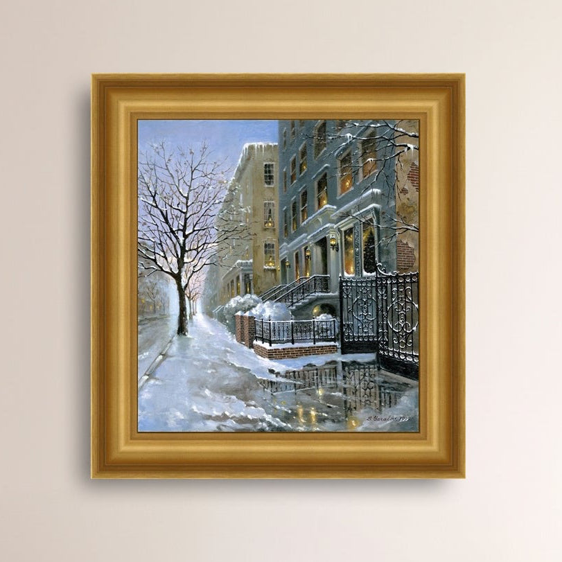 Framed artwork of snowy 82nd street in New York with a brownstone  building entrance and Christmas Tree in the window.