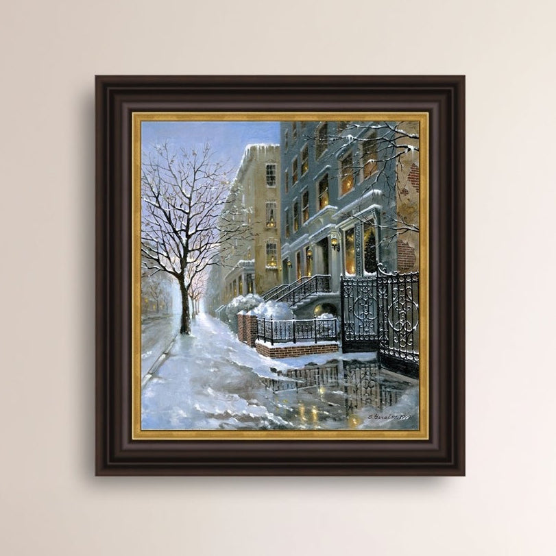 Framed artwork of snowy 82nd street in New York with a brownstone  building entrance and Christmas Tree in the window.