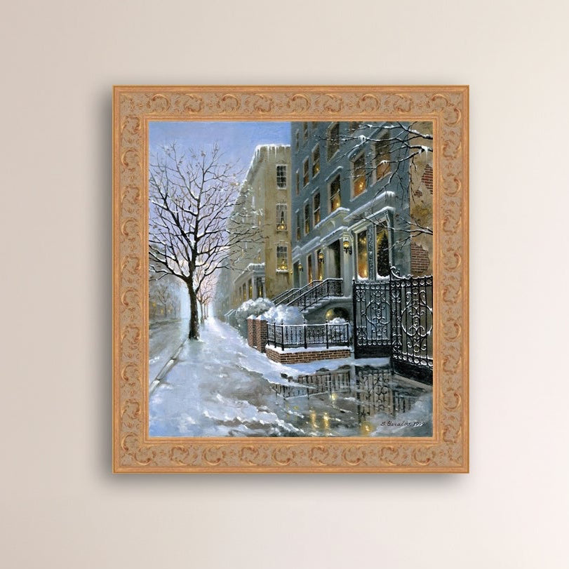 Framed artwork of snowy 82nd street in New York with a brownstone  building entrance and Christmas Tree in the window.