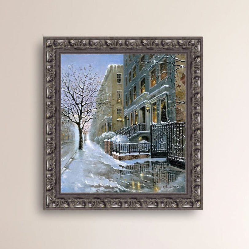 Framed artwork of snowy 82nd street in New York with a brownstone  building entrance and Christmas Tree in the window.