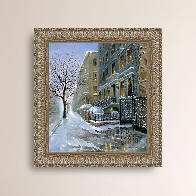Framed artwork of snowy 82nd street in New York with a brownstone  building entrance and Christmas Tree in the window.