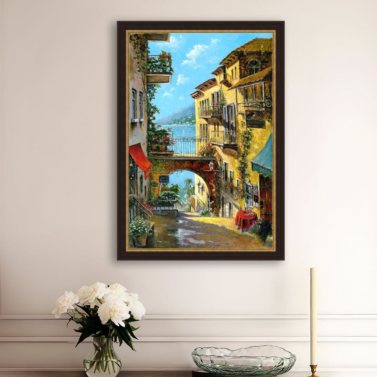 A vibrant canvas print depicting a narrow street with arches and balconies, Lake Como