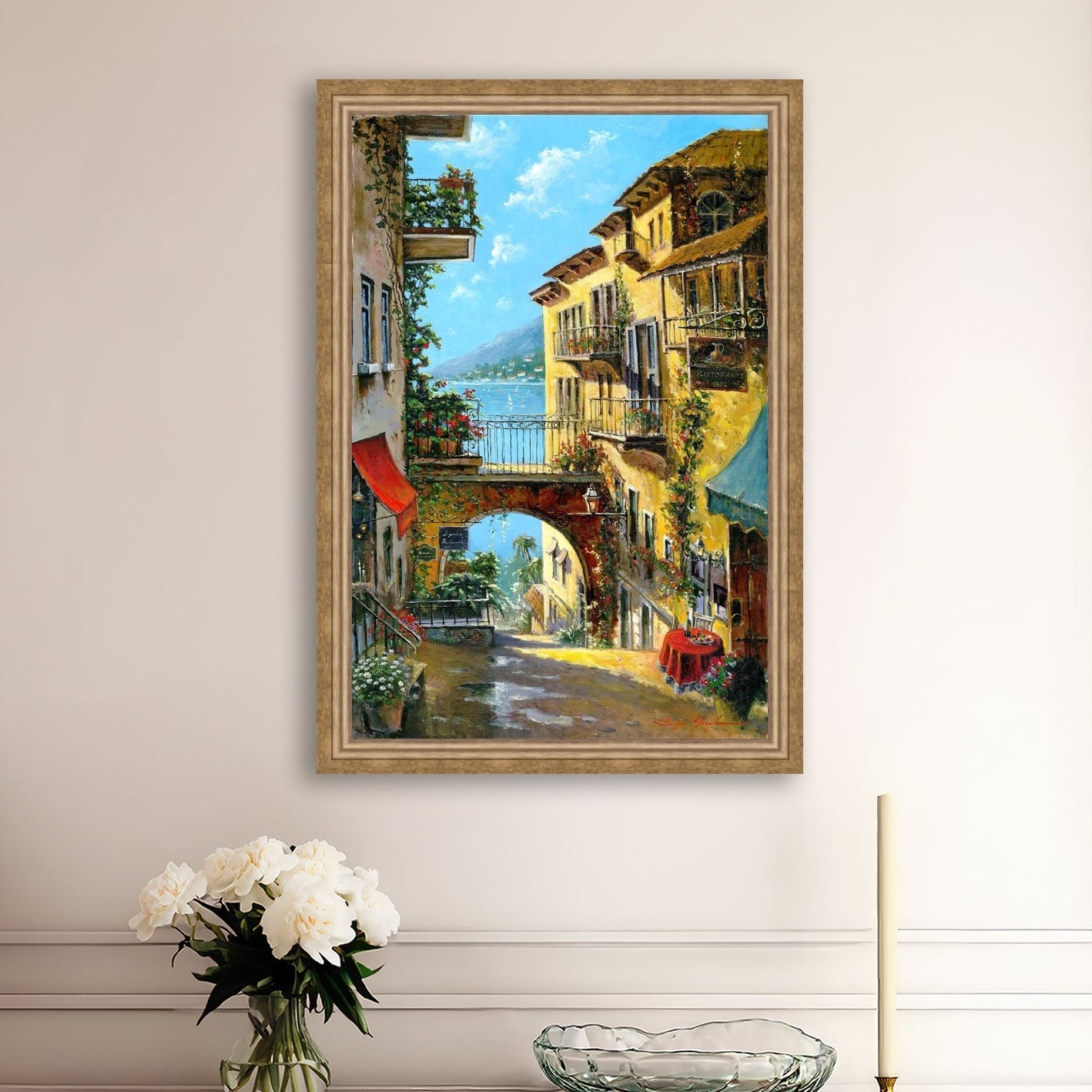 A vibrant canvas print depicting a narrow street with arches and balconies, Lake Como