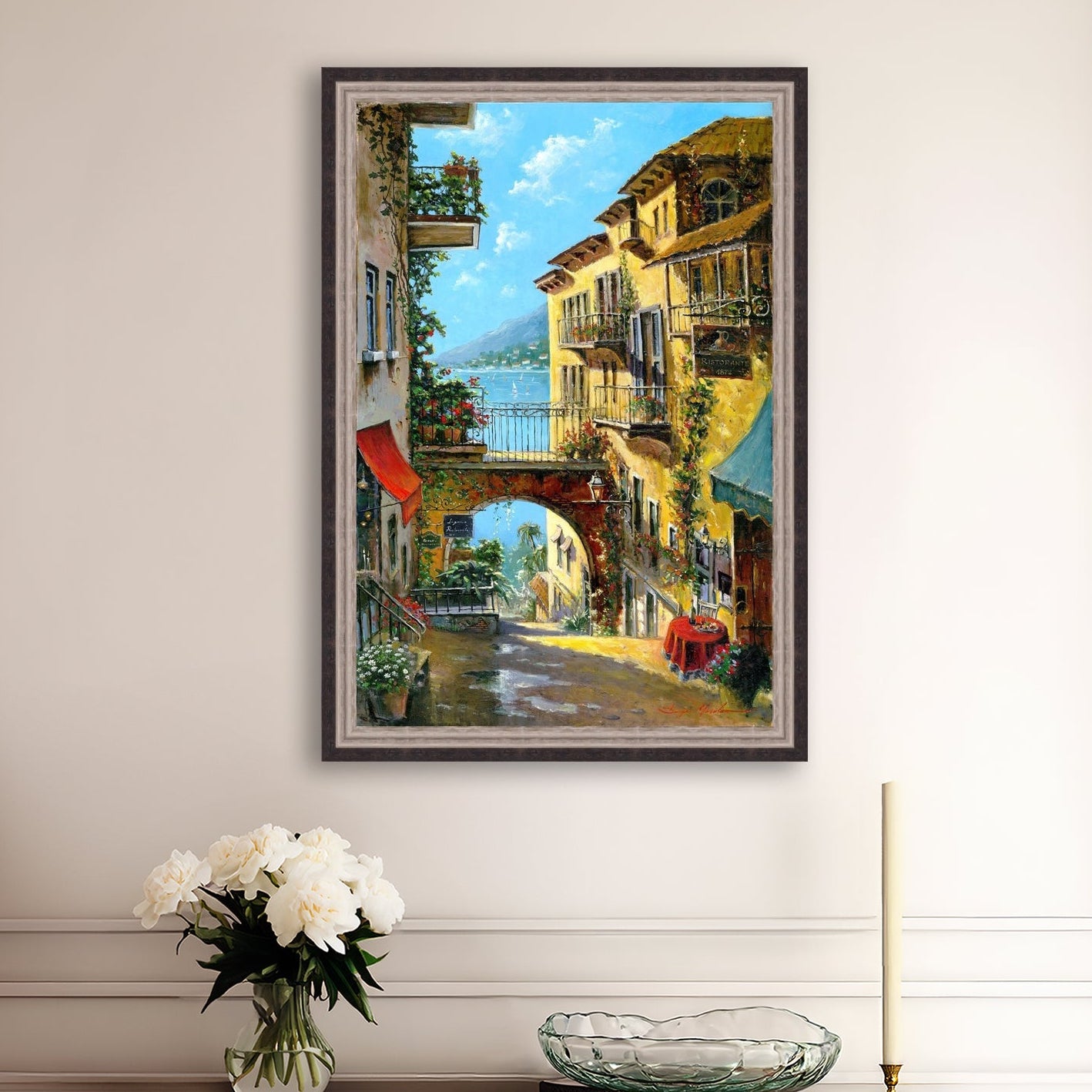 A vibrant canvas print depicting a narrow street with arches and balconies, Lake Como