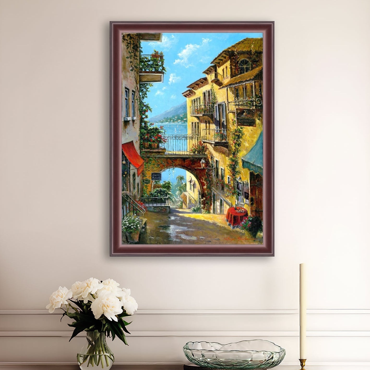 A vibrant canvas print depicting a narrow street with arches and balconies, Lake Como