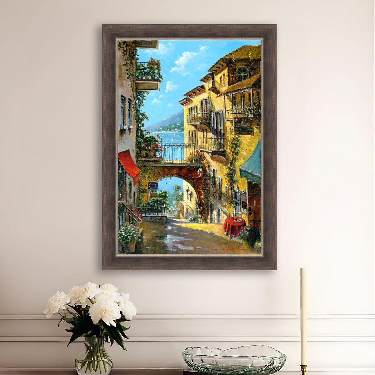 A vibrant canvas print depicting a narrow street with arches and balconies, Lake Como