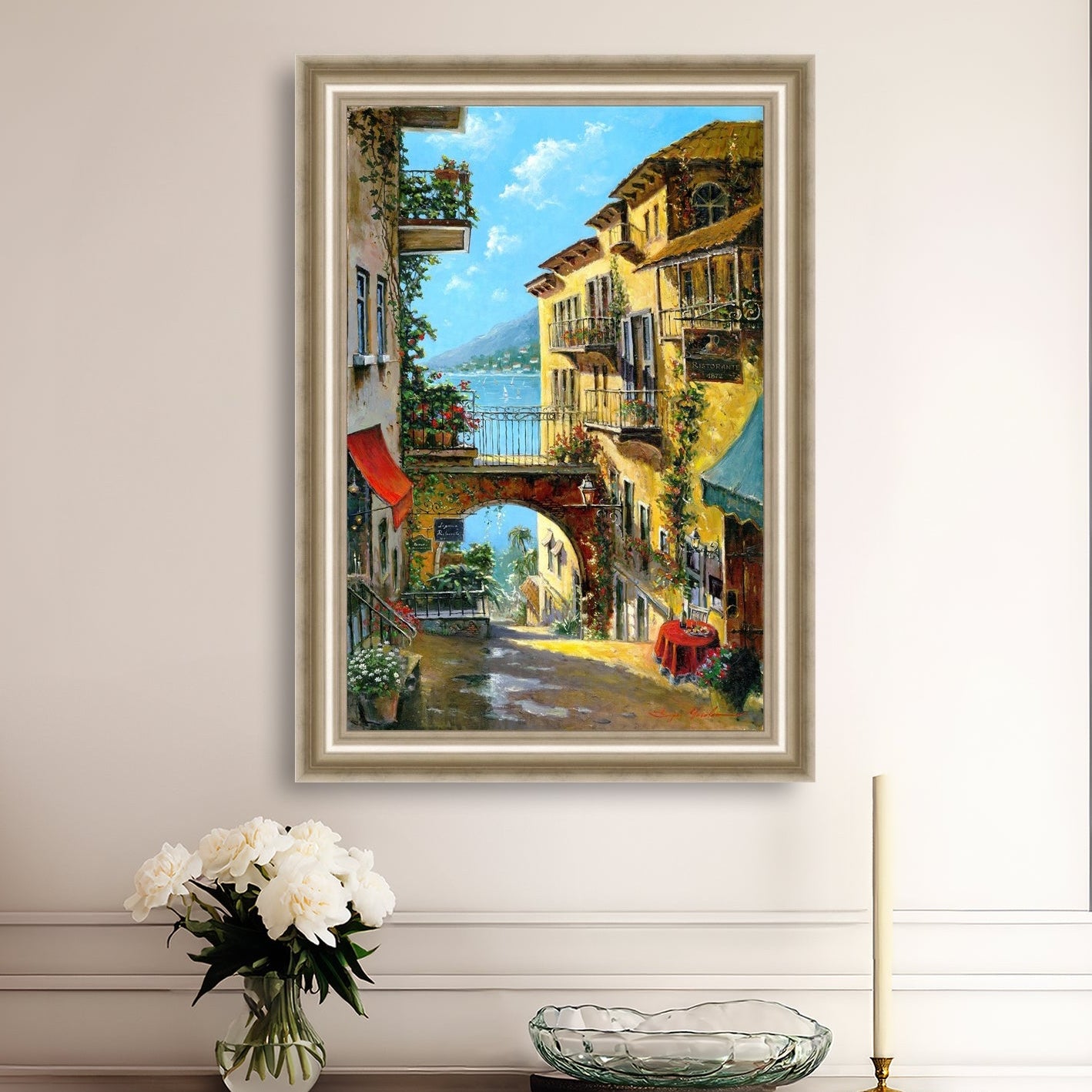 A vibrant canvas print depicting a narrow street with arches and balconies, Lake Como