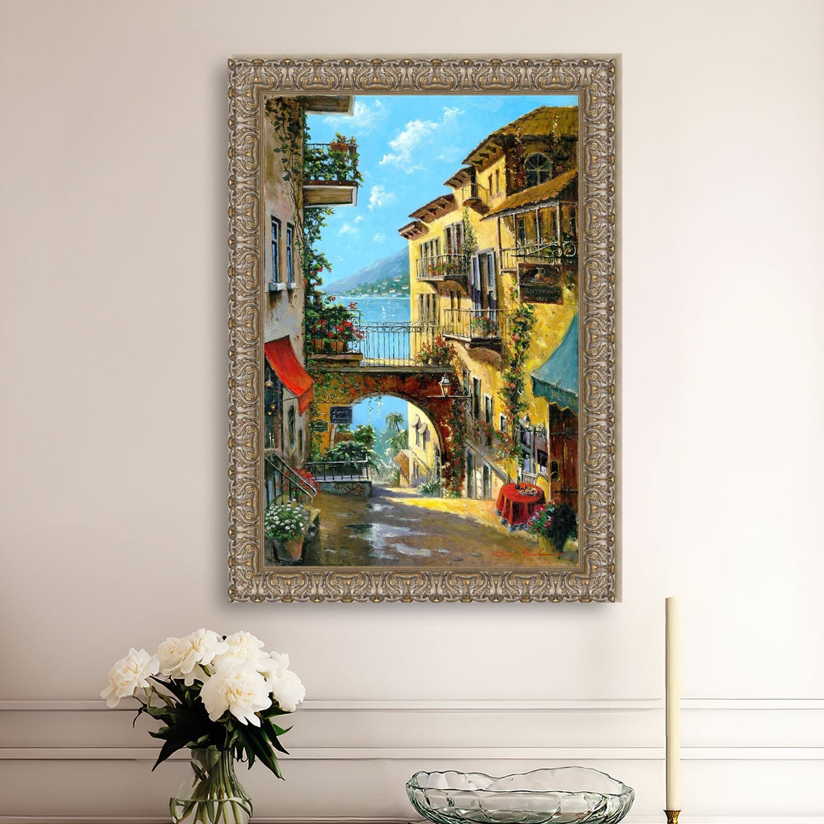 A vibrant canvas print depicting a narrow street with arches and balconies, Lake Como