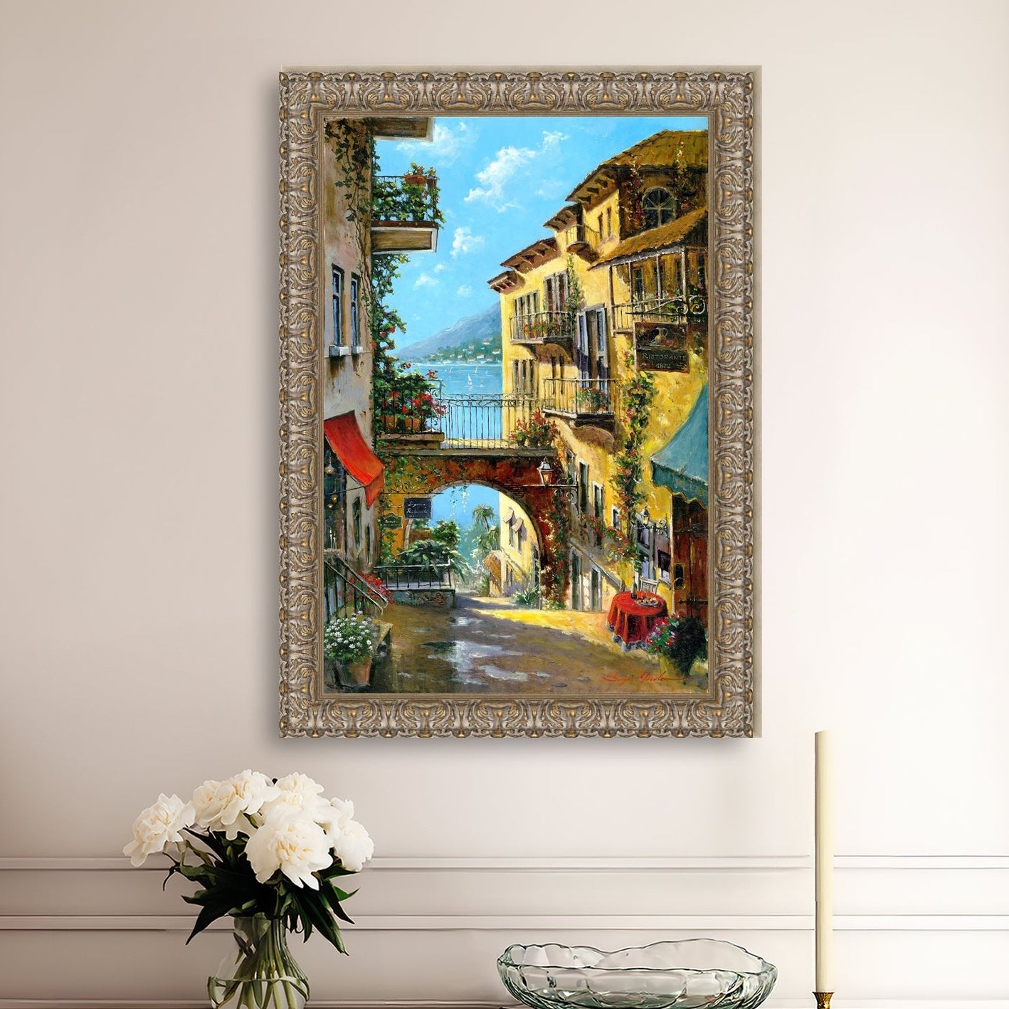 A vibrant canvas print depicting a narrow street with arches and balconies, Lake Como
