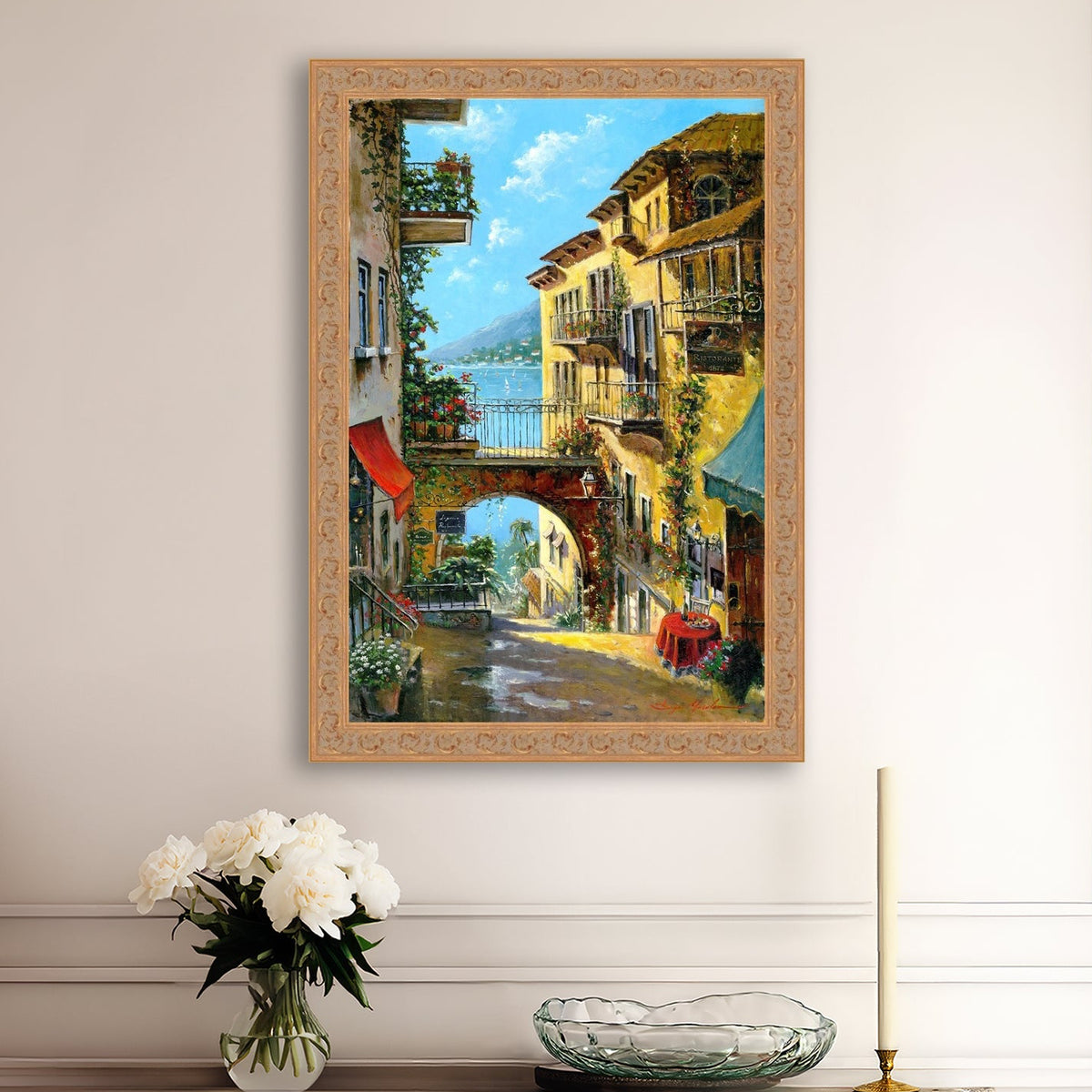 A vibrant canvas print depicting a narrow street with arches and balconies, Lake Como