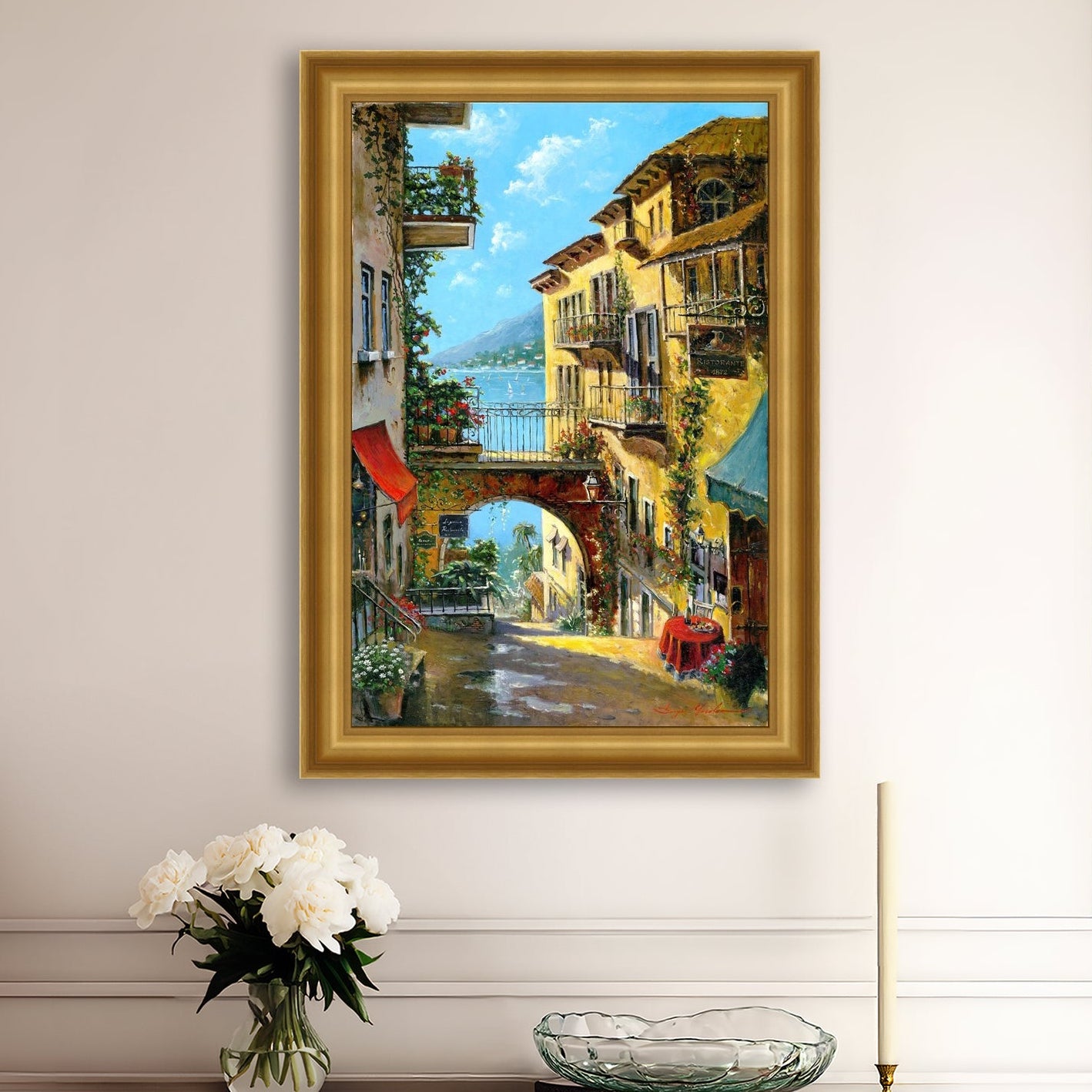 A vibrant canvas print depicting a narrow street with arches and balconies, Lake Como