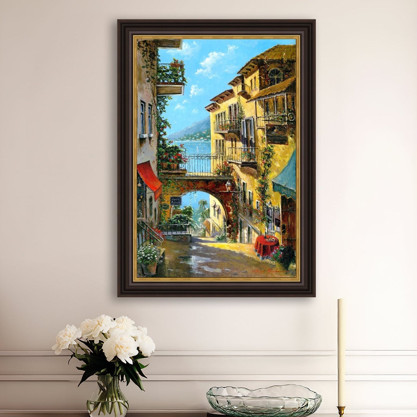 A vibrant canvas print depicting a narrow street with arches and balconies, Lake Como