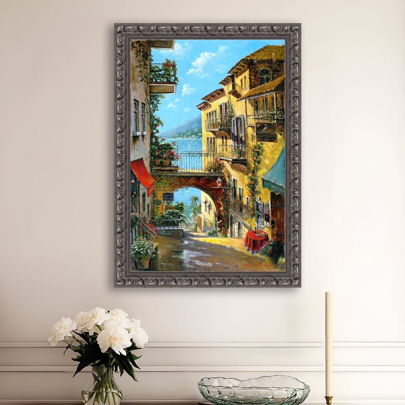 A vibrant canvas print depicting a narrow street with arches and balconies, Lake Como