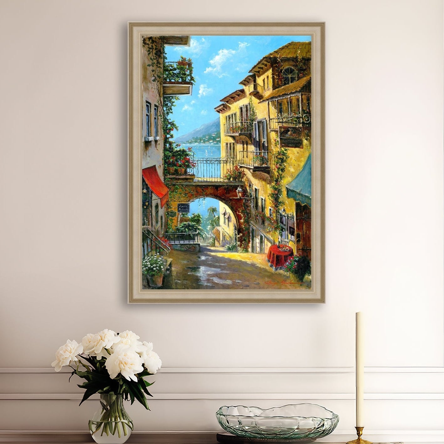 A vibrant canvas print depicting a narrow street with arches and balconies, Lake Como