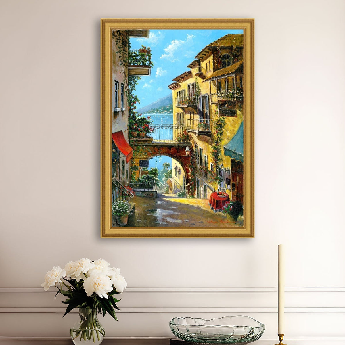 A vibrant canvas print depicting a narrow street with arches and balconies, Lake Como