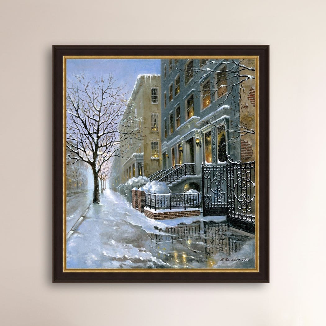 Framed artwork of snowy 82nd street in New York with a brownstone  building entrance and Christmas Tree in the window.