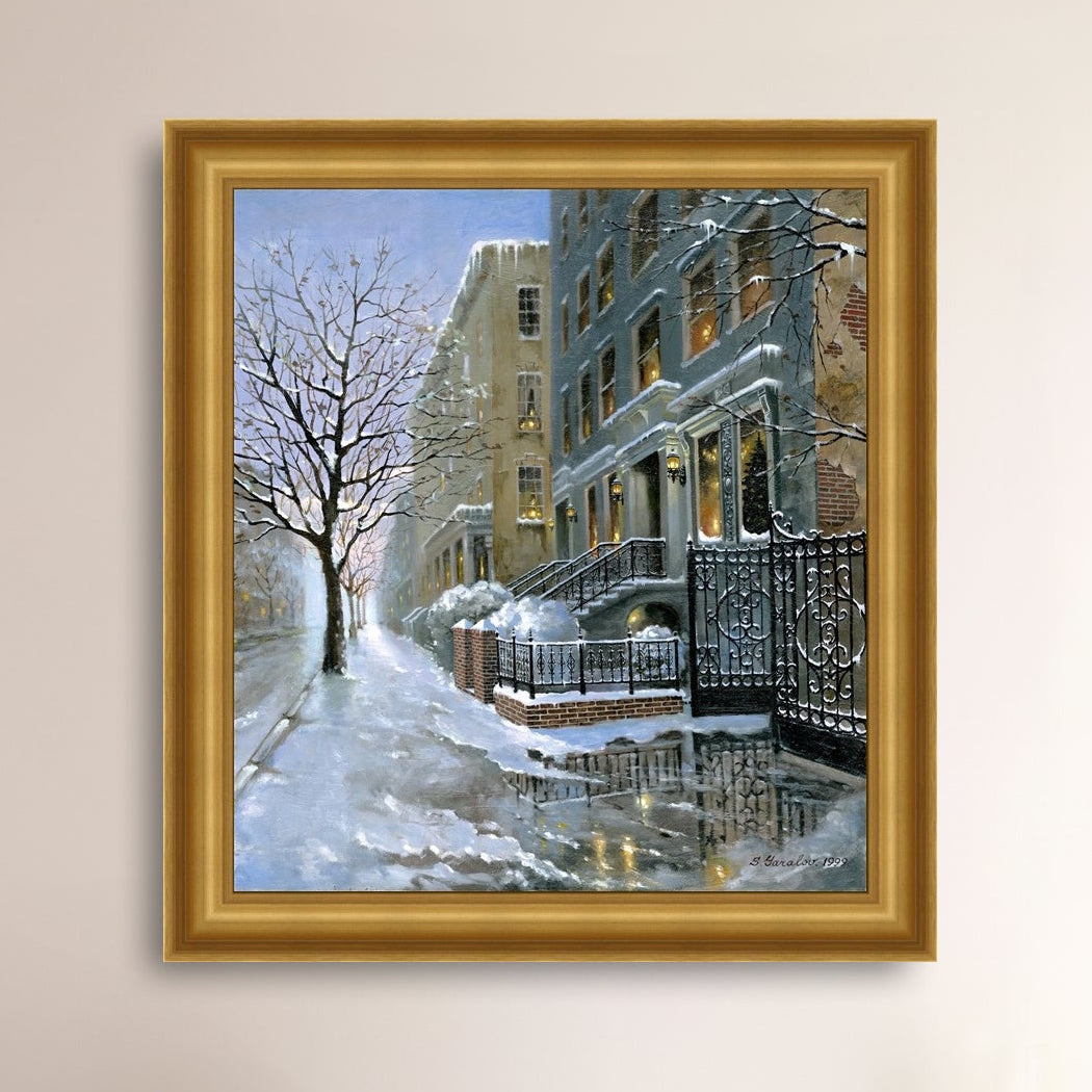Framed artwork of snowy 82nd street in New York with a brownstone  building entrance and Christmas Tree in the window.