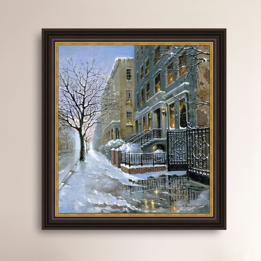 Framed artwork of snowy 82nd street in New York with a brownstone  building entrance and Christmas Tree in the window.