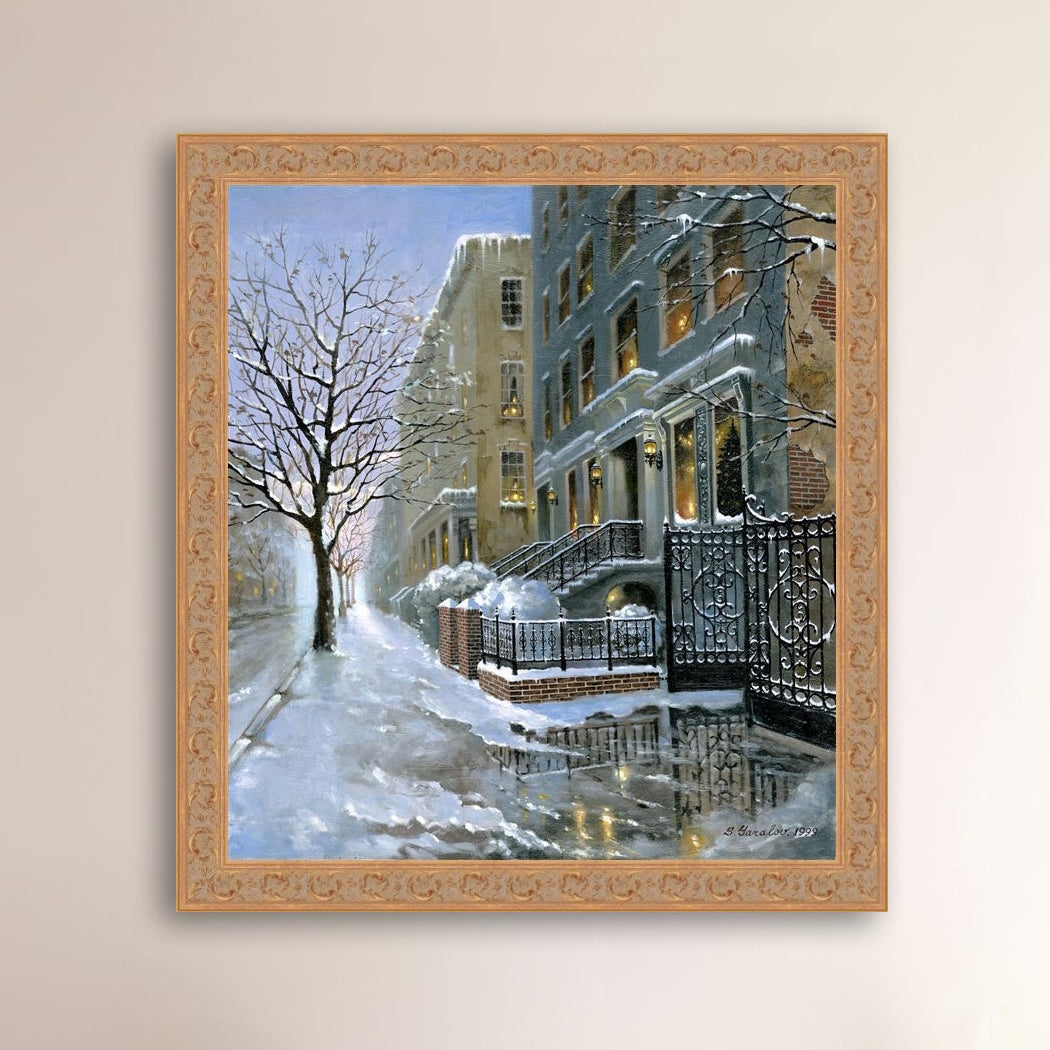 Framed artwork of snowy 82nd street in New York with a brownstone  building entrance and Christmas Tree in the window.