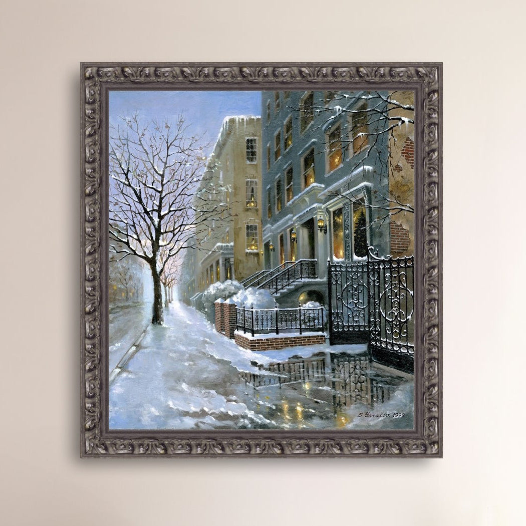 Framed artwork of snowy 82nd street in New York with a brownstone  building entrance and Christmas Tree in the window.