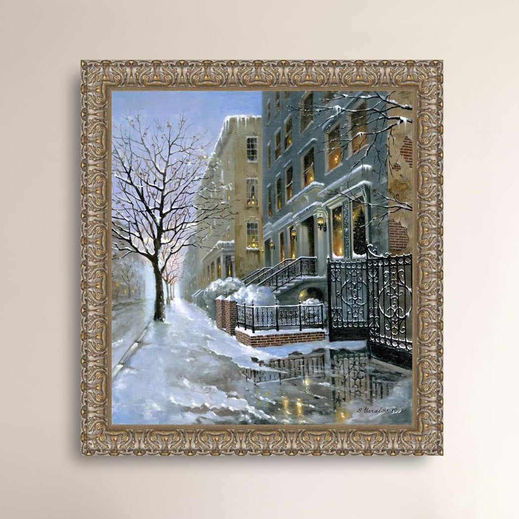 Framed artwork of snowy 82nd street in New York with a brownstone  building entrance and Christmas Tree in the window.